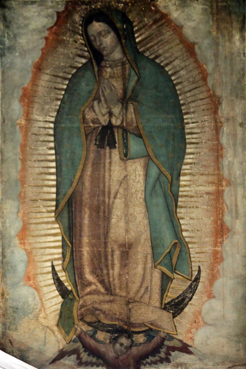 The tilma of San Juan Diego Cuauhtlatoatzin bearing the image of Our Lady of Guadalupe: the Virgin standing on a crescent moon, wrapped in a rayed golden mandorla, her mantle blue-green and strewn with stars, her hands joined in prayer, her expression serene, the four-petalled Nahui Ollin at her waist.